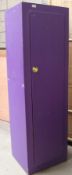 A 1950`s retro two tone painted wooden wardrobe locker having upright sentry box body with purple