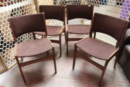 A  good set of 4 retro 1970`s teak dining chairs. Raised on  lozenge shaped  turned legs with high