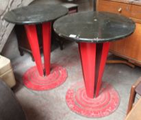 2 1930`s Art Deco Industrial art metal cafe tables. Raised on circular plinths having tulip red