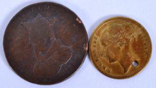 Coins. A John of Gaunt Lancaster Halfpenny 1794, rubbed. Together with a Victoria 1881 To Hanover