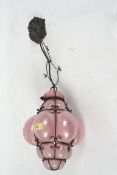 A 20th century pink studio glass light shade and chain
