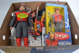 A box of Captain Scarlet items - dolls, figures, clothing, bags, books, magazines etc.
