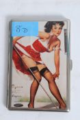 A silver plated cigarette case with a pictorial image of a brazen lady in stockings. weight 127g GW