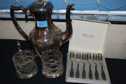 2 x silver metal wire work cup holders along with a cased set of silver metal dessert forks and a