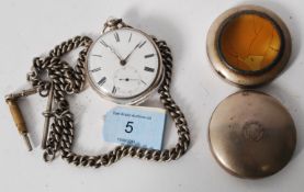 A hallmarked Silver pocket watch with an enamel face with subsiduary seconds dial in a hunters case.