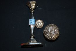 A silver hall marked candle stick along with two silver hall marked pots. weight 1713g.