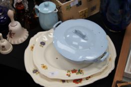 2 large Staffordshire chintz pattern meat platters together with a blue tureen etc