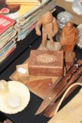 A collection of wooden wares to include figurines, knives, trinket pots etc