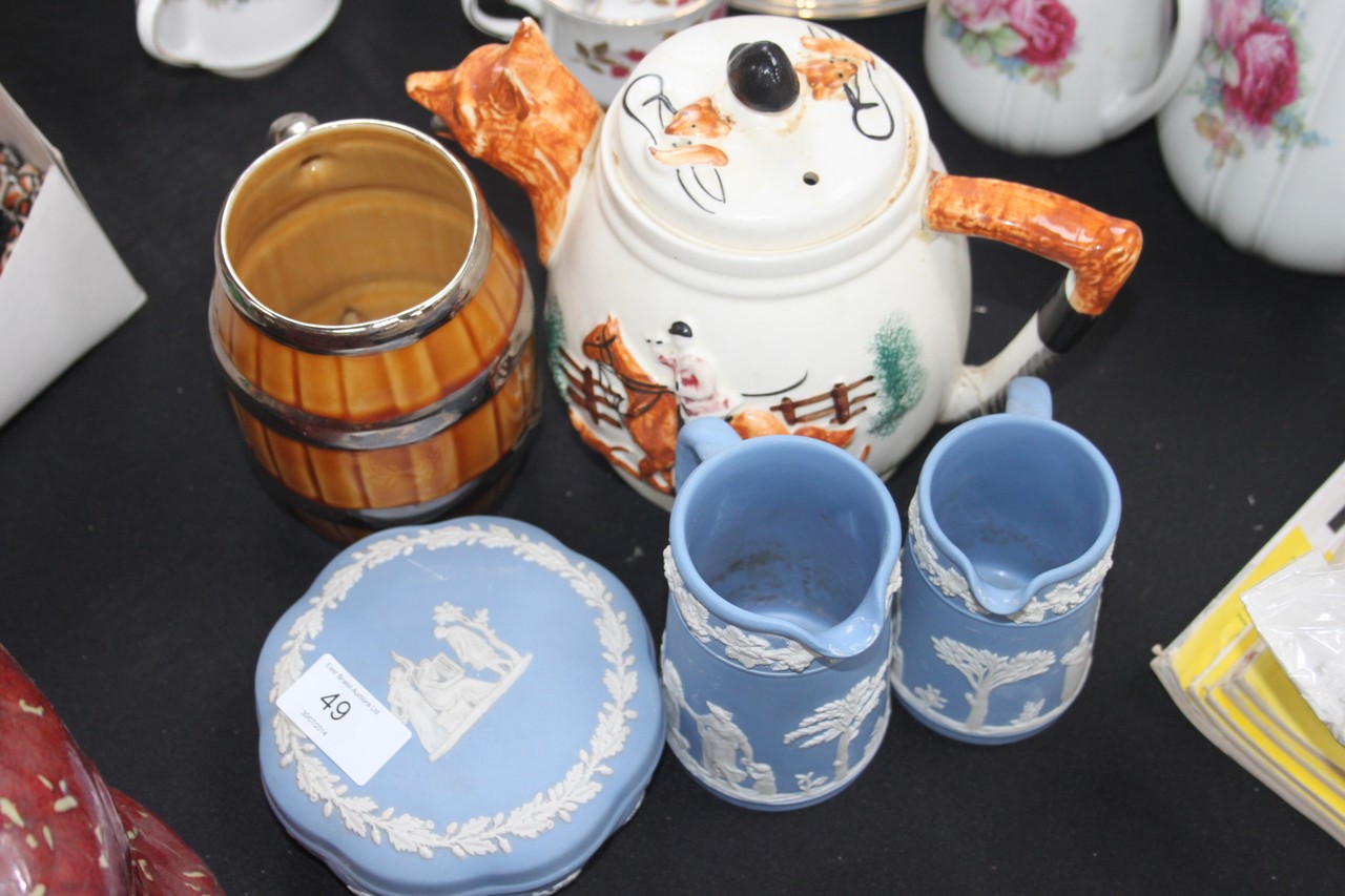 A collection of Wedgwood jasperware along with Wade tankard and a hunting teapot with fox spout
