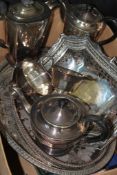 A collection of silver plated wares to include coffee pots, teapots, sugar bowl and creamer along