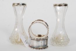 A pair of late Victorian hallmarked collar silver cut glass stem vases. Silversmith initials HP,
