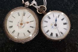2 19th century and later silver and enamel faced ladies fob / pocket watches. The rococo chased
