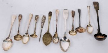A Collection of 19th and 20th century spoons, caddy, teaspoon etc together with a silver