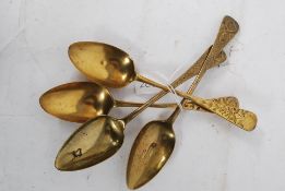 2 pairs of English silver form brass tablespoons stamped London dating to 1790 - 1800. See