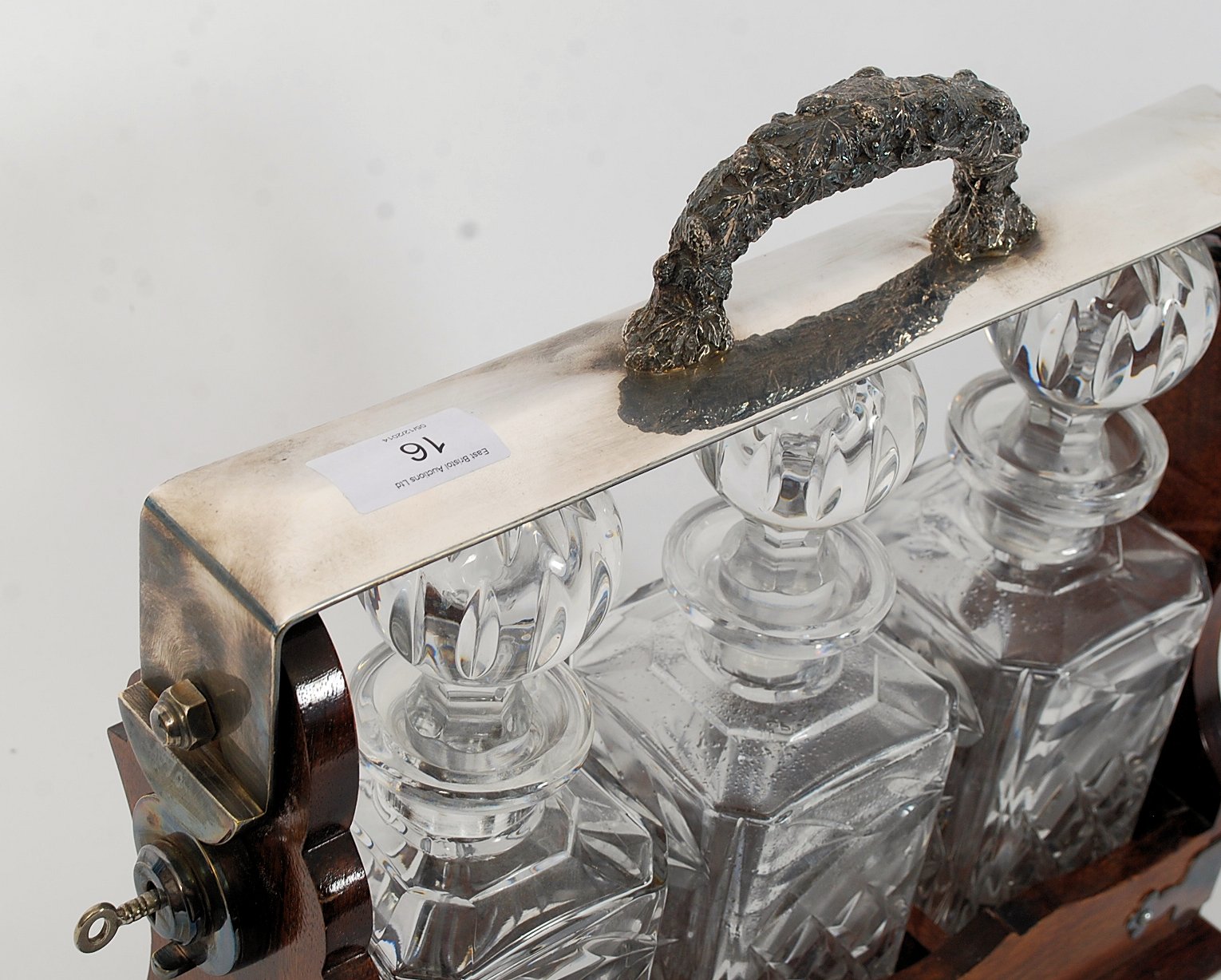 A 19th century Victorian oak and silver plated Tantalus with ornate ivy epns handle and mounting - Image 2 of 6