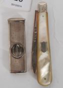 A good early 20th century mother of pearl handled pocket knife together with a silver cigar cutter.