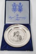 A Boxed sterling silver Royal Anniversary Plate 1947 - 1972 bearing hallmarks for 1972 complete with