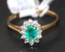 9ct diamond and emerald cluster ring. Size O.5. Weight 2g