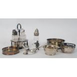 A  good selection of silver plated wares to include wine coasters, a cut glass and silver plated