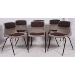 A set of 6 vintage stacking chairs of plastic form with ebonised metal frames, plastic seats with