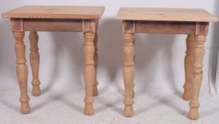 A good pair of 20th century country pine side tables both being raised on turned legs with fitted