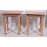 A good pair of 20th century country pine side tables both being raised on turned legs with fitted