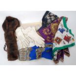 A collection of ladies vintage garments to include gloves,  fur stole, Silk Scarves etc
