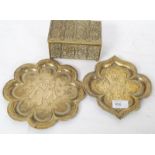 2 19th century Indian brass trays of shaped forms together with a brass casket having scenes of