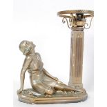 A deco gilt plaster lady figurine lamp raised on plinth base with electrics atop
