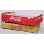 2 wooden painted crates of large form bearing notation for Coca-Cola. H16cm x W76cm x D48cm