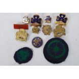 A collection of girl guide enamel badges dating to the 20th century along with patches ( see