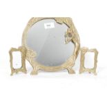 A vintage brass barbola mirror together with 2 Art Nouveau miniature brass photo frames