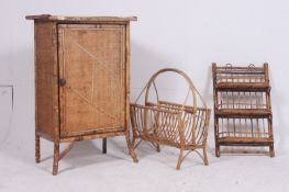 A Victorian aesthetic movement bamboo side cabinet together with 2 bamboo  magazine racks, 20th