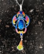 A silver necklace set with multicoloured