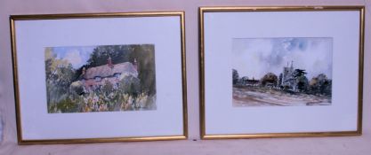 A pair of watercolour painting cottage a