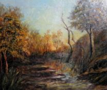 An oil on board painting of a woodland s