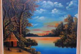 A oil painting of a Polynesian lake and