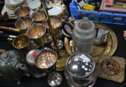 Assorted metal chalices , hip flasks , teapots and trays