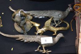 4 brass metal figurines including two peacocks and a dragon