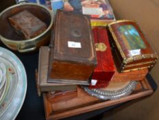 A good selection of wooden boxes with trays and an award bowl
