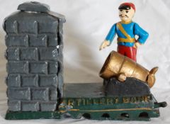 A 20th century cast iron novelty Artillery Bank money box, with canon firing action with a hand