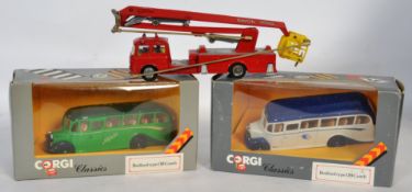 Two Corgi diecast coaches, Bedford type OB Coach x2 - one Norfolk's green, the other W215 - both
