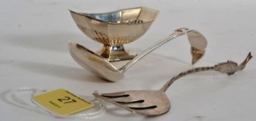 A white silver metal fish fork, with comic fish handle stamped `90`, along with a white metal spoon