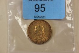 A 19th Century Queen Victoria 1890 gold full sovereign coin Jubilee Bust. Weight approx 8g