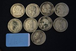 Coins. A collection of  9 silver 19th century shillings to include George 3rd & th and Victoria Old