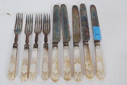 A set of hallmarked silver banded and mother of pearl handled knives and forks (hallmarks rubbed)