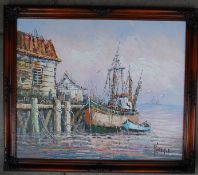 A framed oil on canvas painting of a fishing boat at harbour signed to the lower corner Florence