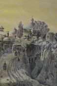 An unusual Islamic charcoal painting of a mountain village scene being framed and glazed and signed