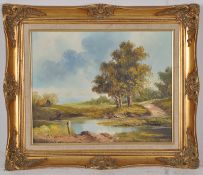 George William - oil on board of country river scene, signed to corner. 49cm x 30cm