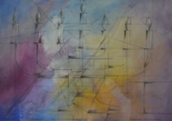 An abstract framed watercolour painting of a Jewish candelabra signed to the corner Menorah HT
